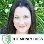 Woman with a confident smile and the title "the money boss" with a dollar sign emblem, symbolizing financial expertise or authority.