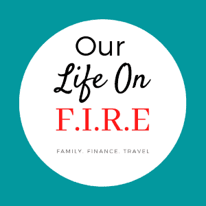 A graphic with the words 'our life on f.i.r.e' centered in white font on a teal background, with acronyms for family, finance, travel emphasized beneath it, symbolizing a lifestyle focused on these key values.