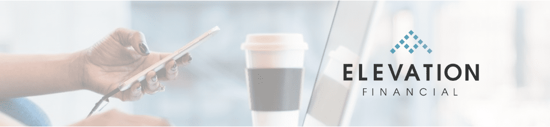 Modern professionalism: a person efficiently multitasking on a tablet with a cup of coffee nearby, set against the backdrop of 'elevation financial' branding.