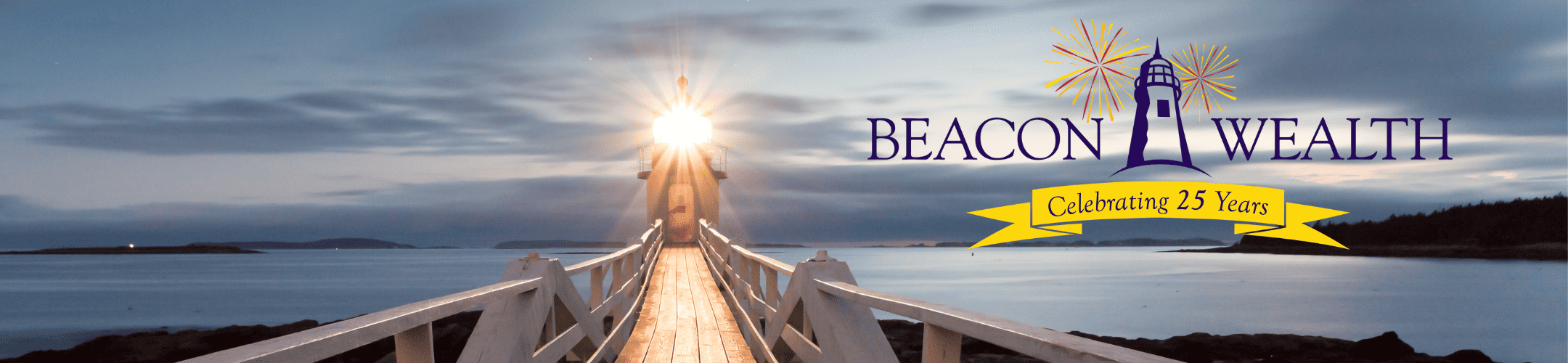 A serene evening at a coastal location with a long pier stretching into the water, featuring an elegant graphic celebrating the 25th anniversary of an organization named 