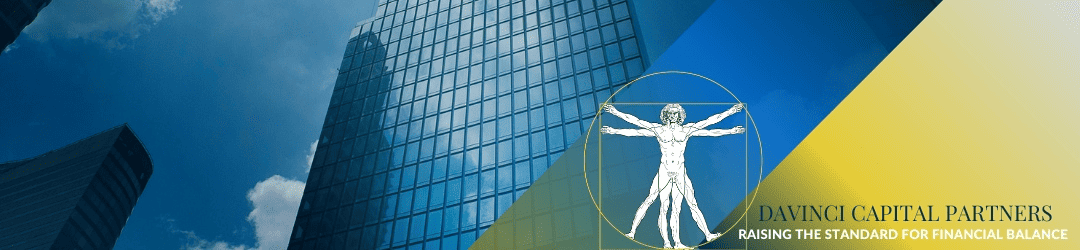 Modern corporate elegance: a sleek skyscraper reflects the sky next to the iconic da vinci vitruvian man, symbolizing davinci capital partners' commitment to achieving financial balance.