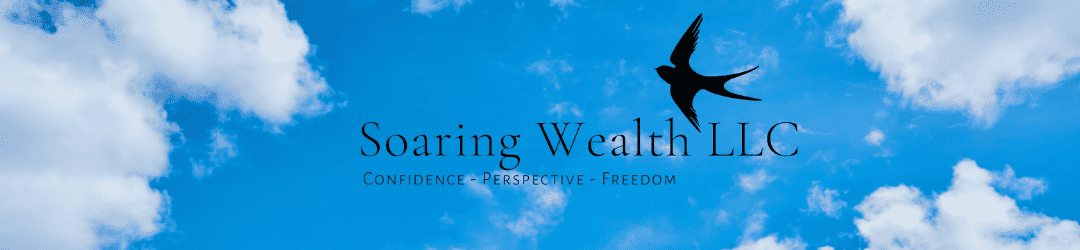Silhouetted against a serene blue sky, a bird in mid-flight embodies the essence of freedom above the inspiring motto of 'soaring wealth llc: confidence - perspective - freedom'.