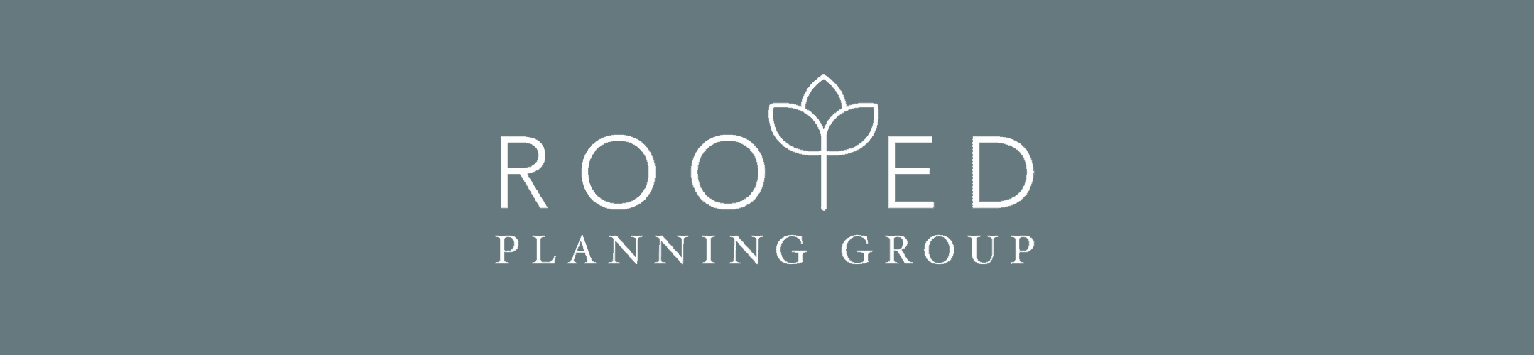 Rooted planning group logo featuring stylized typography with a small leaf motif above the letter 'o' to symbolize growth and stability.