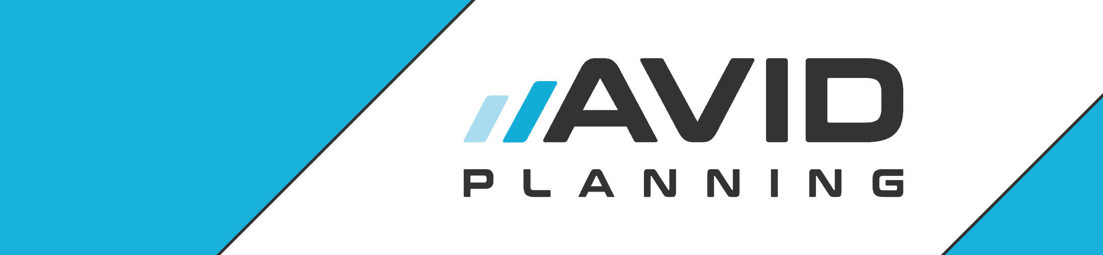 A logo depicting the words 'avid planning' with stylized bars above the 'i' in 'avid,' presented on a slanted white rectangle against a teal blue background.