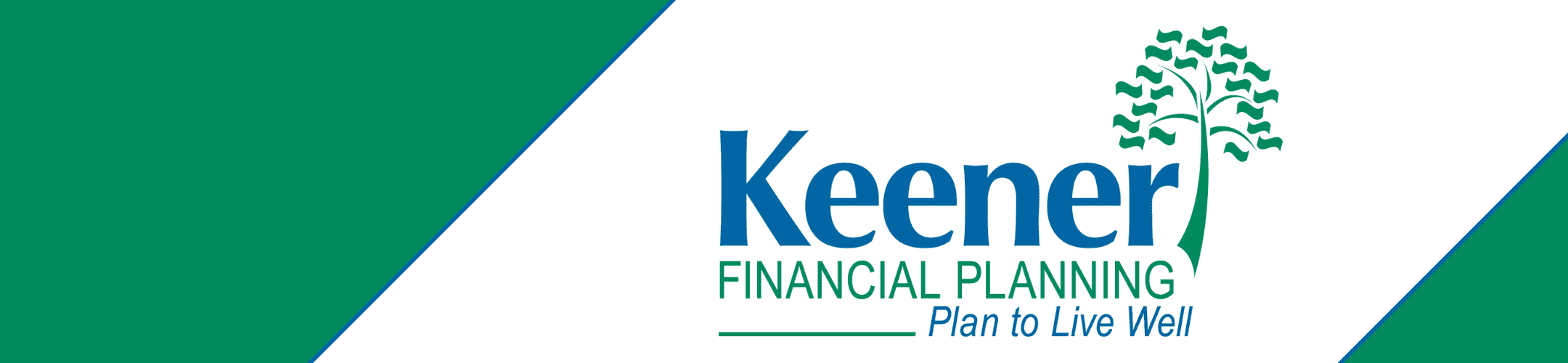 Logo of Keener Financial Planning. The image has a teal and white background with a stylized tree and tie graphic. The text reads 