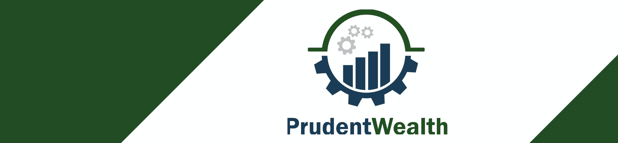 Logo of Prudent Wealth featuring a dark green and dark blue color scheme. The design includes gear and bar graph icons, symbolizing financial growth and mechanical precision. The name 