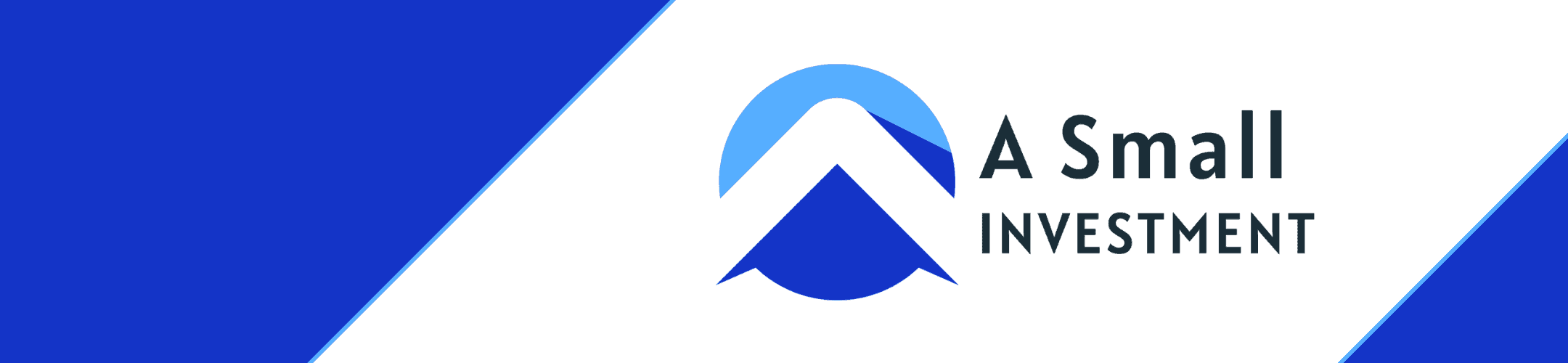 Logo with a stylized mountain inside a blue circle and the words “A Small Investment” in bold black text, set on a blue and white geometric background.