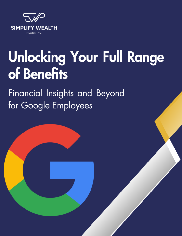Text that says "Simplify Wealth Planning" with a logo at the top. Main text reads "Unlocking Your Full Range of Benefits: Financial Insights and Beyond for Google Employees" over a dark background with the Google logo.