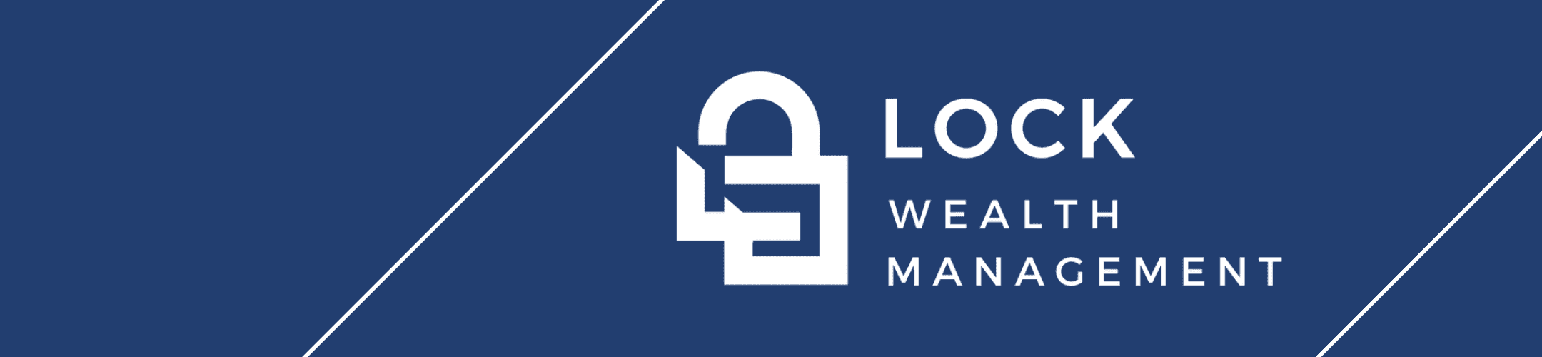 Blue background with white diagonal lines framing a logo. The logo is a stylized padlock icon with the text 