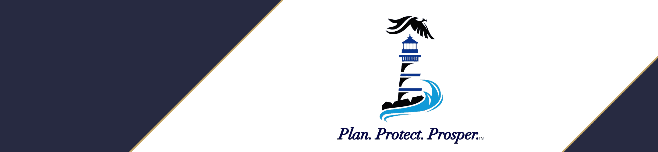 Logo featuring a lighthouse with waves at the base and a flying bird above. The text 