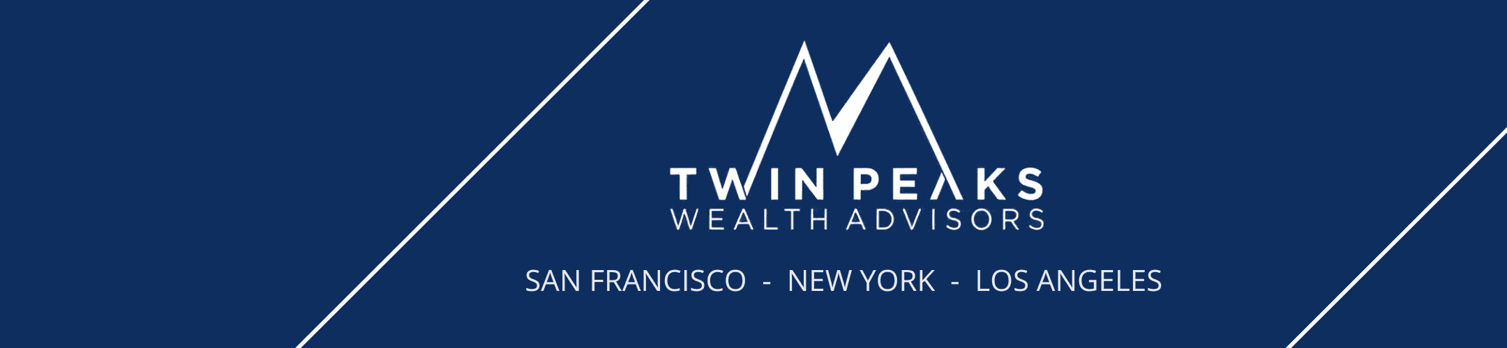 Blue background featuring the logo of Twin Peaks Wealth Advisors, with stylized mountain peaks. Below the logo, the cities 