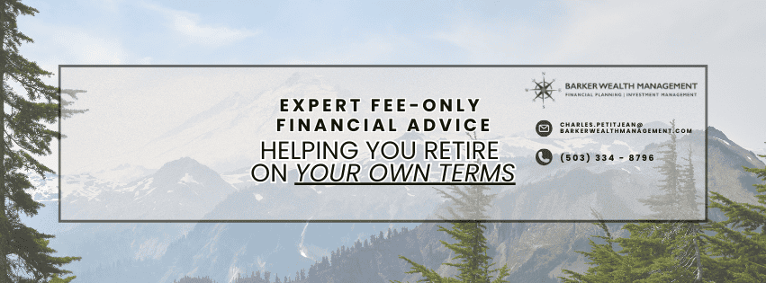 A banner for Barker Wealth Management featuring a mountain landscape. Text reads: 