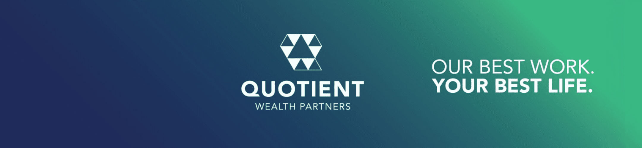 Banner with a gradient background from blue to green. On the left, a logo with triangles above the words 