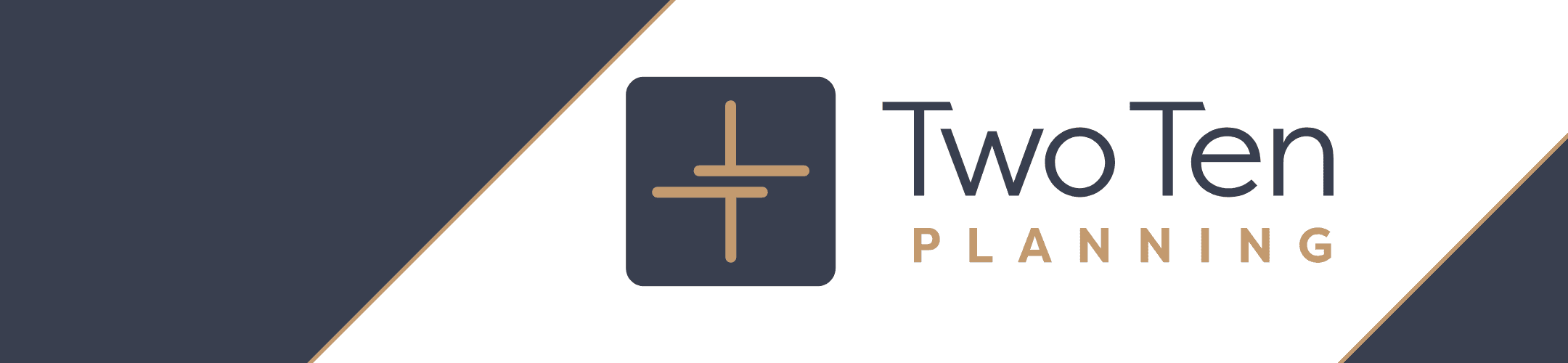 Logo of Two Ten Planning. It features a navy square icon with a geometric cross design, and the words 