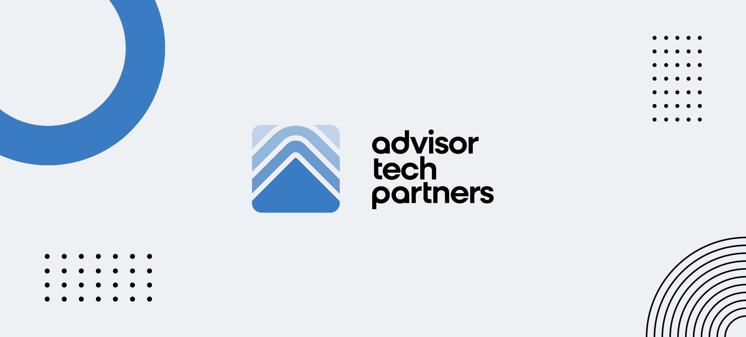 Logo for Advisor Tech Partners features a stylized blue and white geometric design resembling waves, next to the company name in black text. The background includes abstract blue and black shapes.