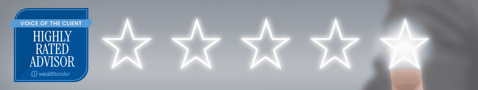 A hand points to the fifth star in a row of five glowing stars. On the left, a blue badge reads "Voice of the Client: Highly Rated Advisor" with the Wealthtender logo below.