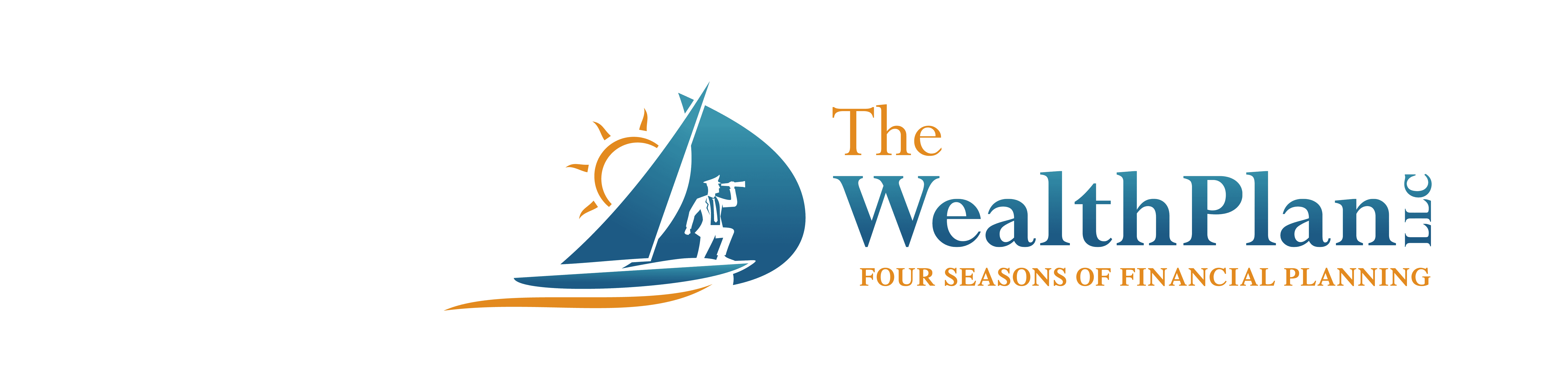 Logo for “The WealthPlan LLC” featuring a stylized sailboat with a person sailing and a sun in the background. The tagline reads, “Four Seasons of Financial Planning.”.