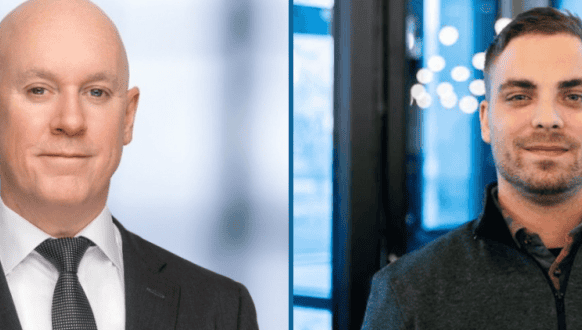 A split image of two men: on the left, a bald man in a suit and tie against a light, blurred background; on the right, a man with short hair and a beard wearing a dark sweater, standing indoors with a blue-toned background.