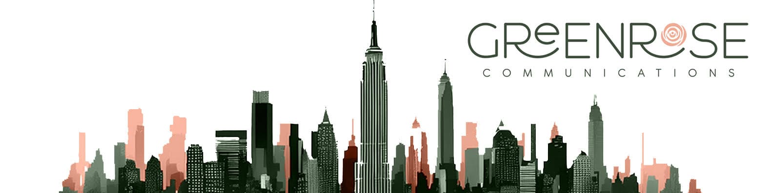 Stylized city skyline with skyscrapers in black and red hues. 