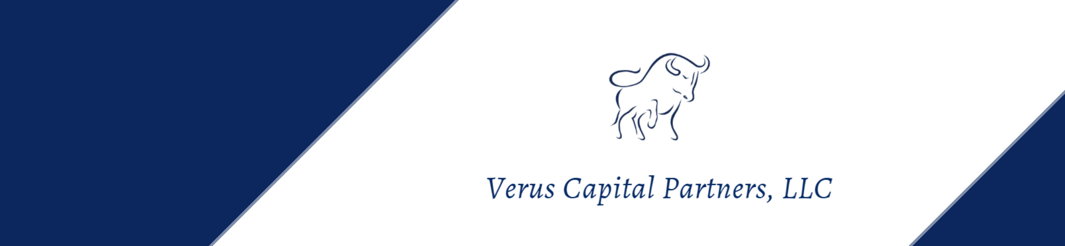 Blue and white banner with an outline drawing of a bull above the text “Verus Capital Partners, LLC,” all centered on the image. The design has blue diagonal corners and a white background.