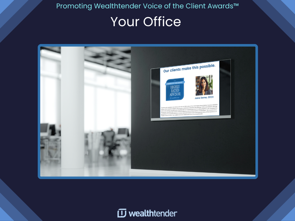 A digital display on a black wall in a modern office shows a client testimonial with a photo and text, under the heading "Our clients make this possible." The surrounding office is bright with desks and chairs.