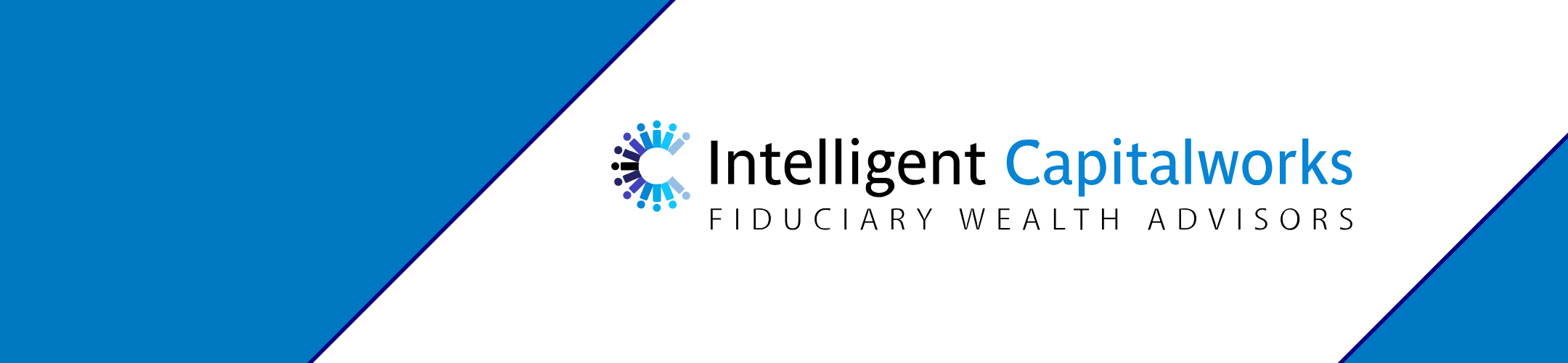 Logo for Intelligent Capitalworks Fiduciary Wealth Advisors, featuring a blue and black circular design on a white background with blue diagonal borders.