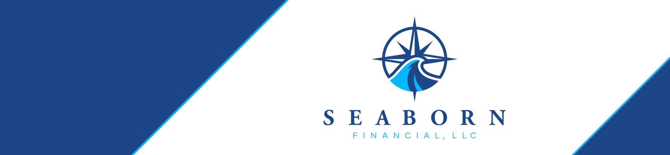 A logo for Seaborn Financial, LLC featuring a compass rose above a stylized wave, with blue and white diagonal color blocks in the background.