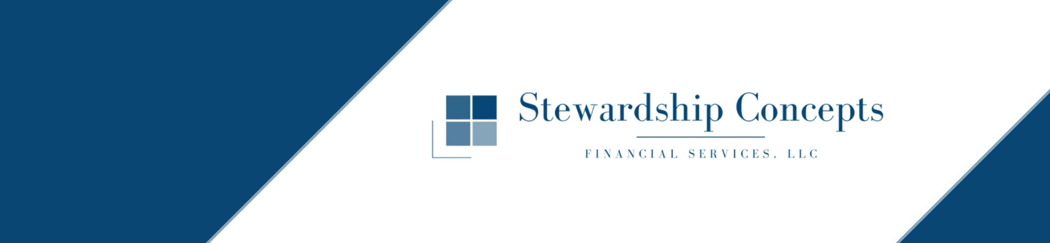 Logo for Stewardship Concepts Financial Services, LLC, featuring a blue and gray square icon to the left of the company name, all set against a white background with diagonal blue corners.