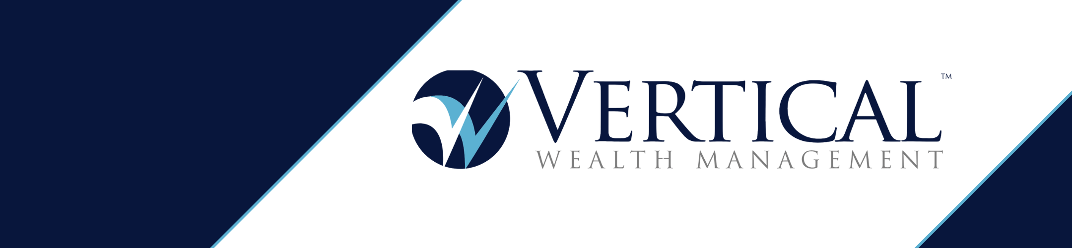 Vertical Wealth Management logo with a blue and white background. The logo features a circular graphic with a stylized 