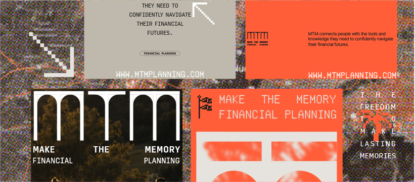 A collage of financial planning advertisements featuring bold text, pixelated backgrounds, and the phrases 