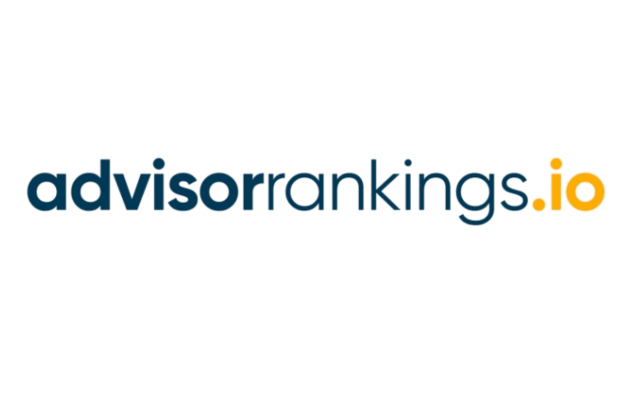 The image displays the logo "advisor rankings.io" in lowercase letters, with "advisor" and "rankings" in dark blue and ".io" in yellow, all set against a light gray background.
