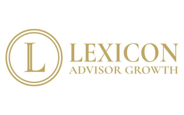 A gold letter "L" inside a double-lined circle next to the words "LEXICON ADVISOR GROWTH" in gold capital letters on a light gray background.