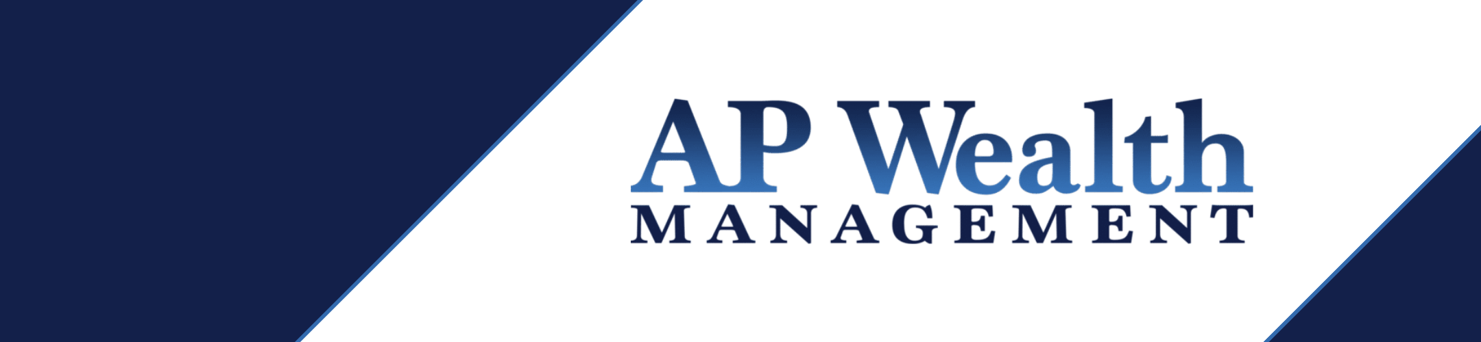 AP Wealth Management logo on a blue and white diagonal background, with 
