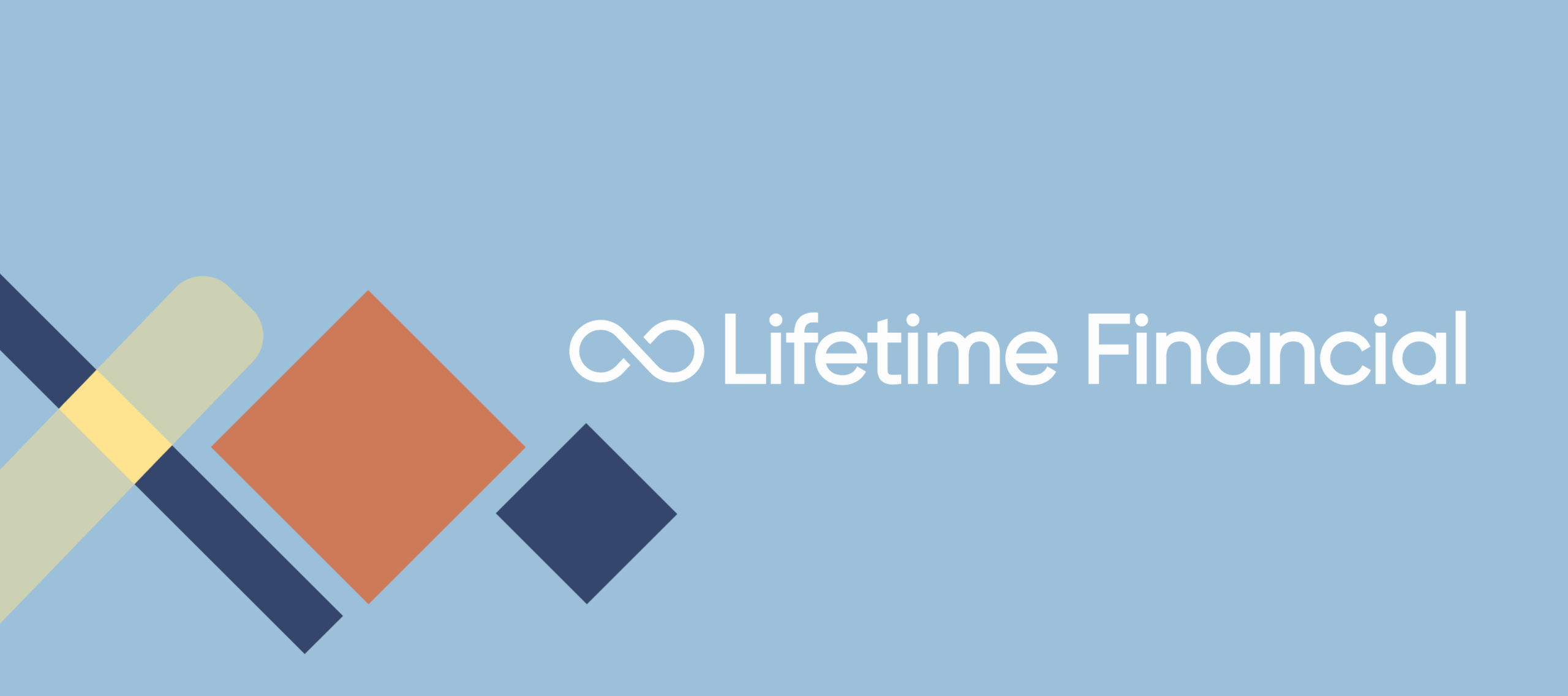 Logo for Lifetime Financial on a light blue background, featuring three overlapping geometric shapes—a beige bar, an orange square, and a navy blue diamond—next to the company name and an infinity symbol.