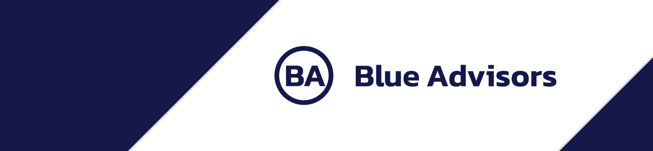 Logo for Blue Advisors. The image features a dark blue and white background with diagonal lines. The letters 