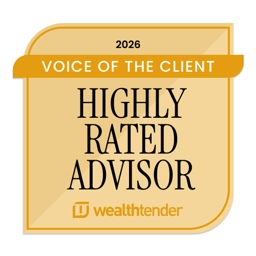 A gold badge reads "2026 Voice of the Client Highly Rated Advisor" with the Wealthtender logo at the bottom. The design features bold black text on a light gold background with a ribbon-like banner at the top.