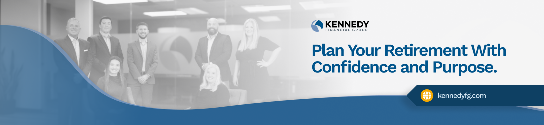 A group of professionally dressed people poses in an office. The text reads, 