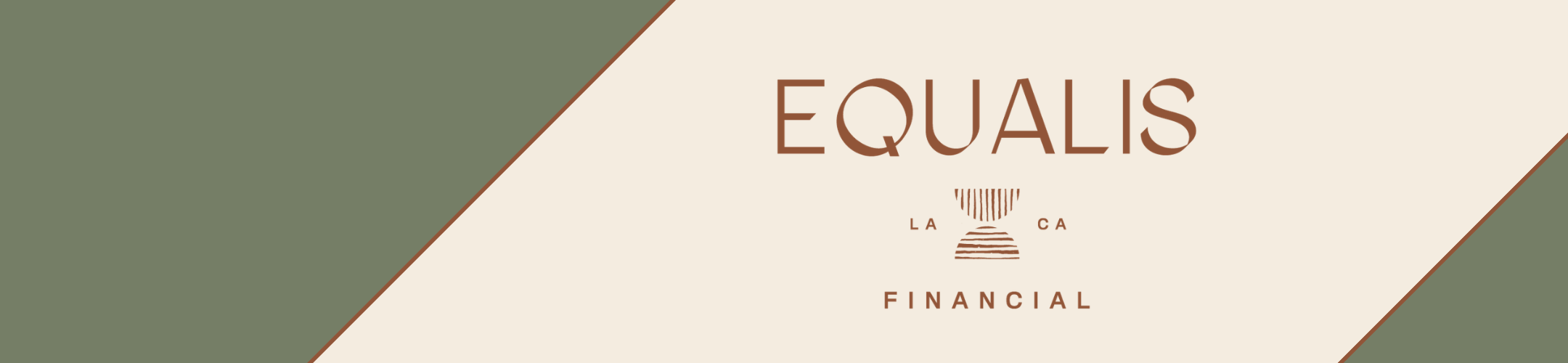 Equalis Financial logo on a beige and green diagonally split background. The logo includes abstract lines, the text 