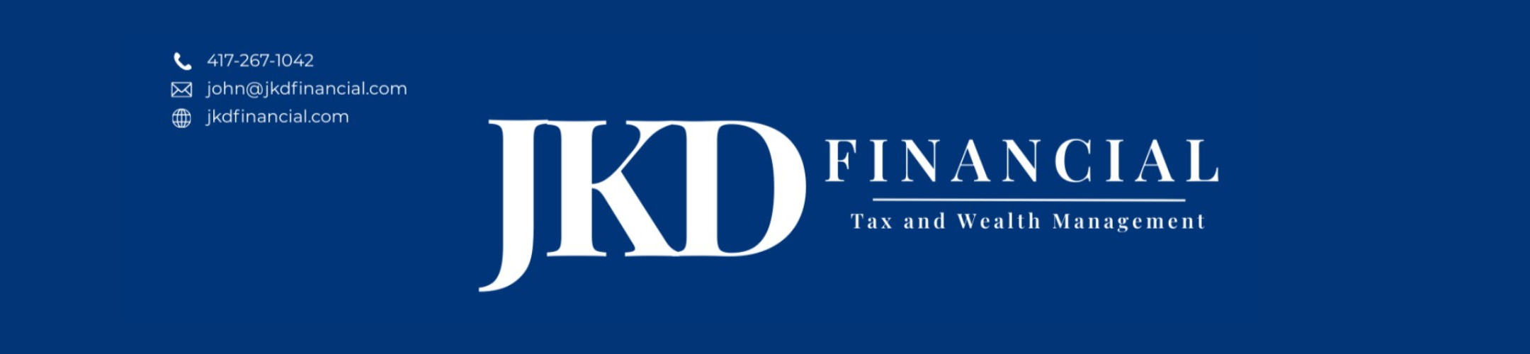A blue banner with JKD Financial logo. Text reads 