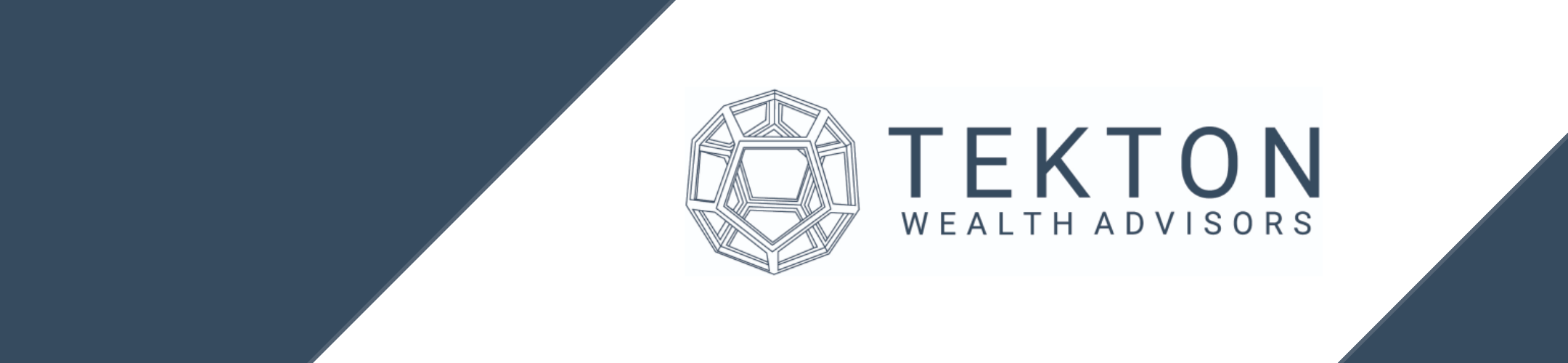Tekton Wealth Advisors logo with a geometric gem-like icon on a white background, bordered by dark blue diagonal stripes on the top left and bottom right.