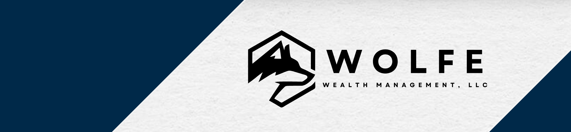 Logo for Wolfe Wealth Management, LLC with a wolf head inside a hexagon, black text on a white and dark blue geometric background.
