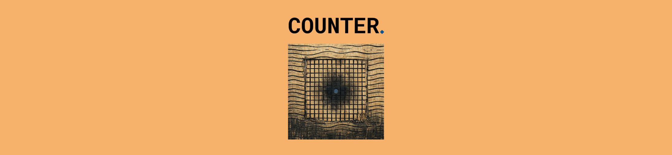 A grid-like square with a dark circular center on a wood-textured background appears below the word 