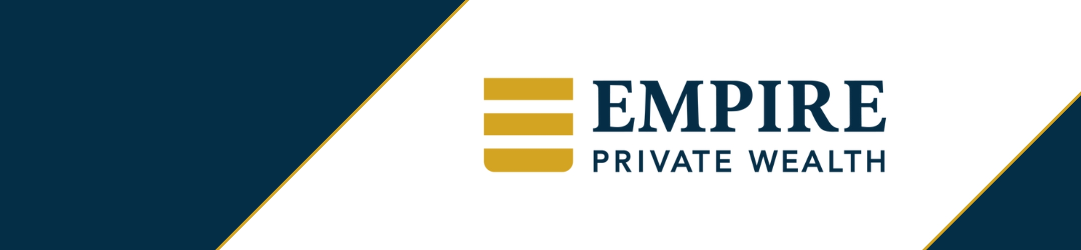 A logo for Empire Private Wealth featuring three stacked gold bars and blue text on a white background, bordered by diagonal blue and gold lines.