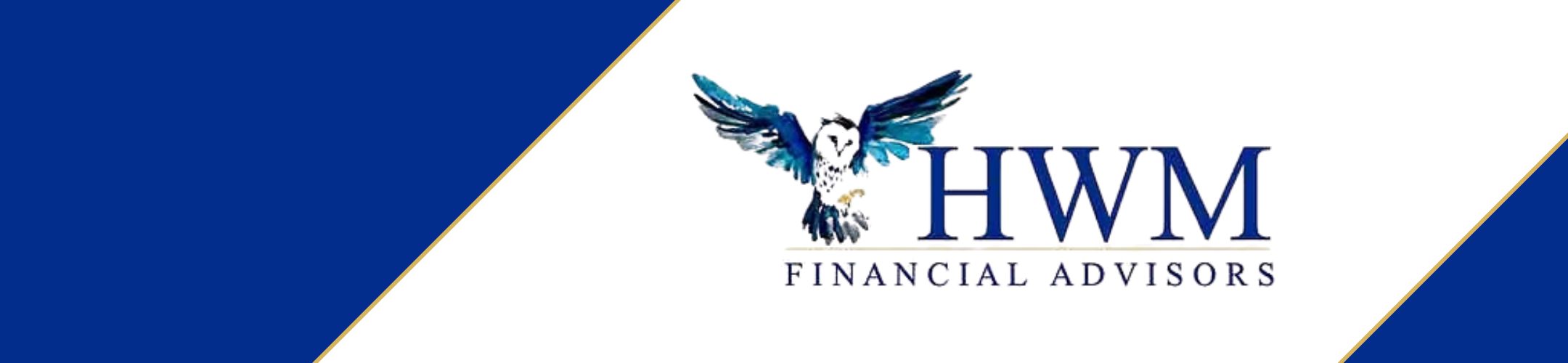 Logo for HWM Financial Advisors featuring a blue and white illustrated owl with outstretched wings next to the company name in blue text on a white background with a diagonal blue stripe on the left.