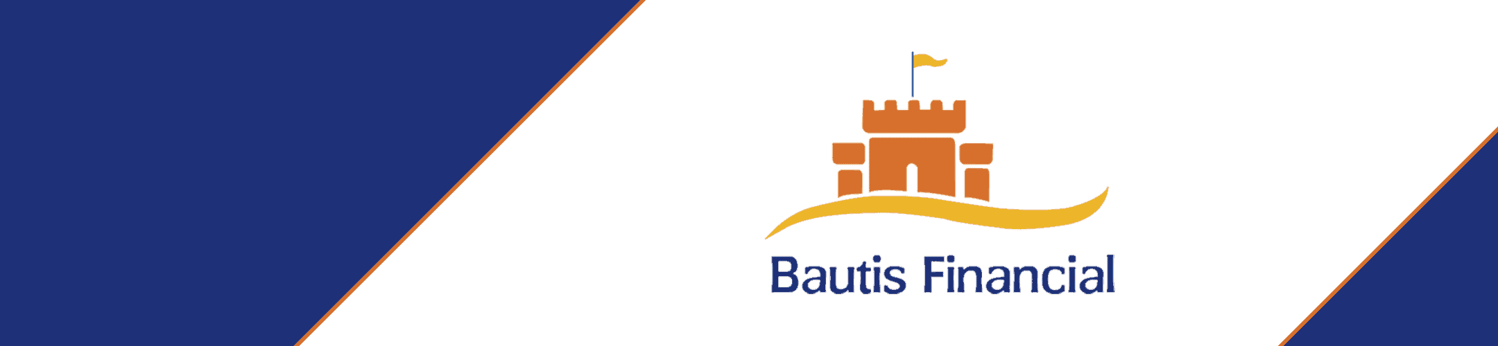 A logo for Bautis Financial featuring an orange castle with a flag on top, a wavy line beneath it, and the company name in blue text, set against a white background with blue diagonal borders.