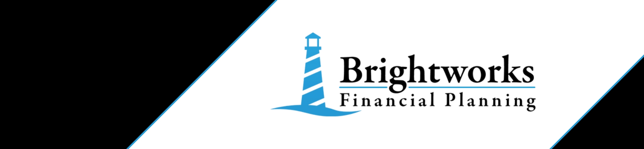A logo for Brightworks Financial Planning featuring a blue and white striped lighthouse on a wave, with the company name in black text to the right of the lighthouse, set against a white and black background.