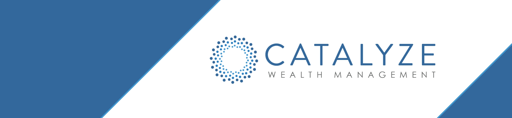 Catalyze Wealth Management logo with a dotted circular design to the left of the company name, set against a blue and white diagonal background.