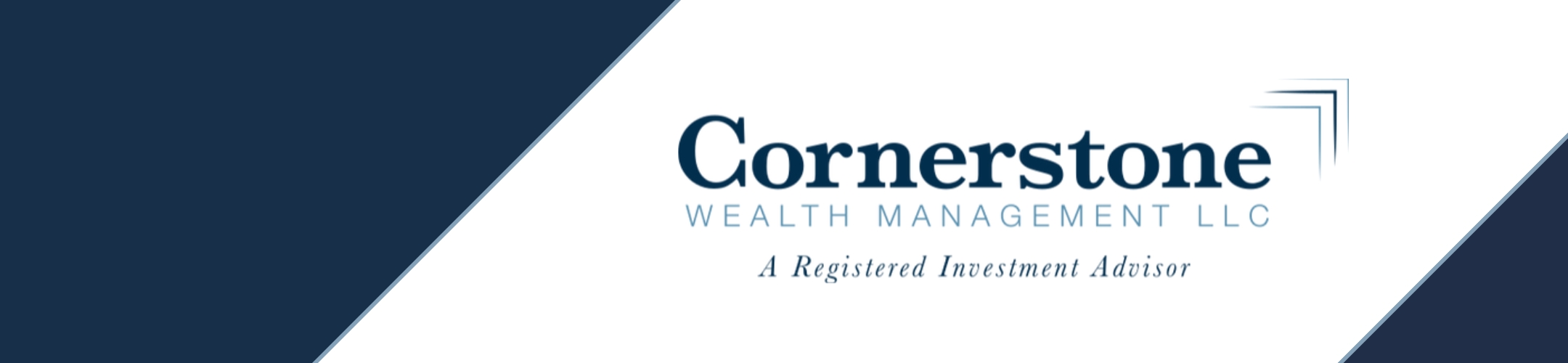 Cornerstone Wealth Management LLC logo with geometric navy and white background and the tagline 