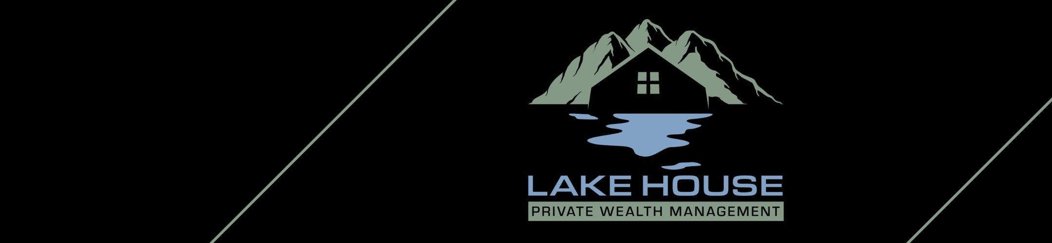 Logo for Lake House Private Wealth Management featuring a stylized house with a window, flanked by mountains and a lake reflection below, set against a black background with diagonal lines.