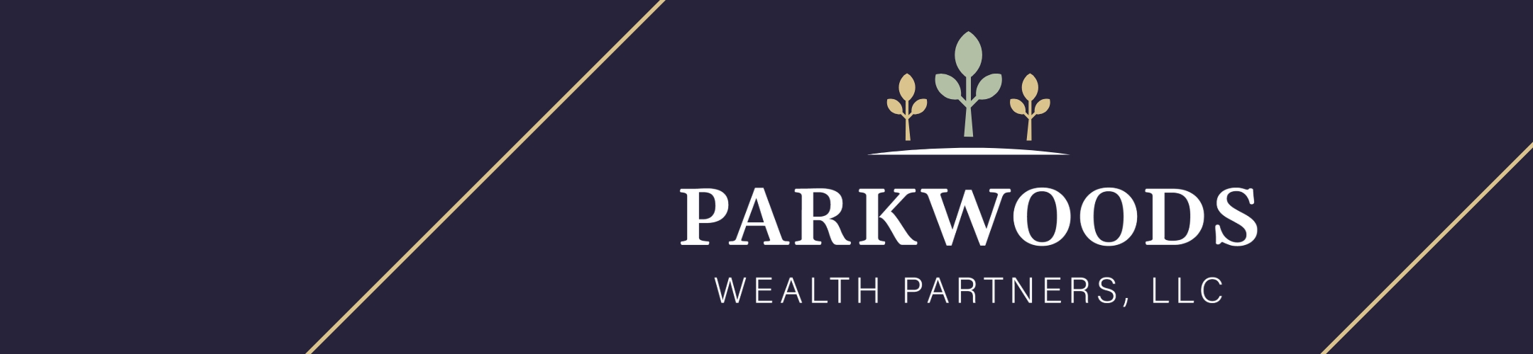 Logo for Parkwoods Wealth Partners, LLC, featuring three minimalist tree icons above the company name on a dark background with thin gold diagonal lines.